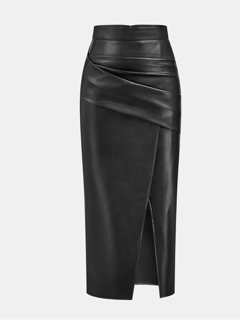 Commense Black Faux Leather Midi Wrap Pencil Skirt